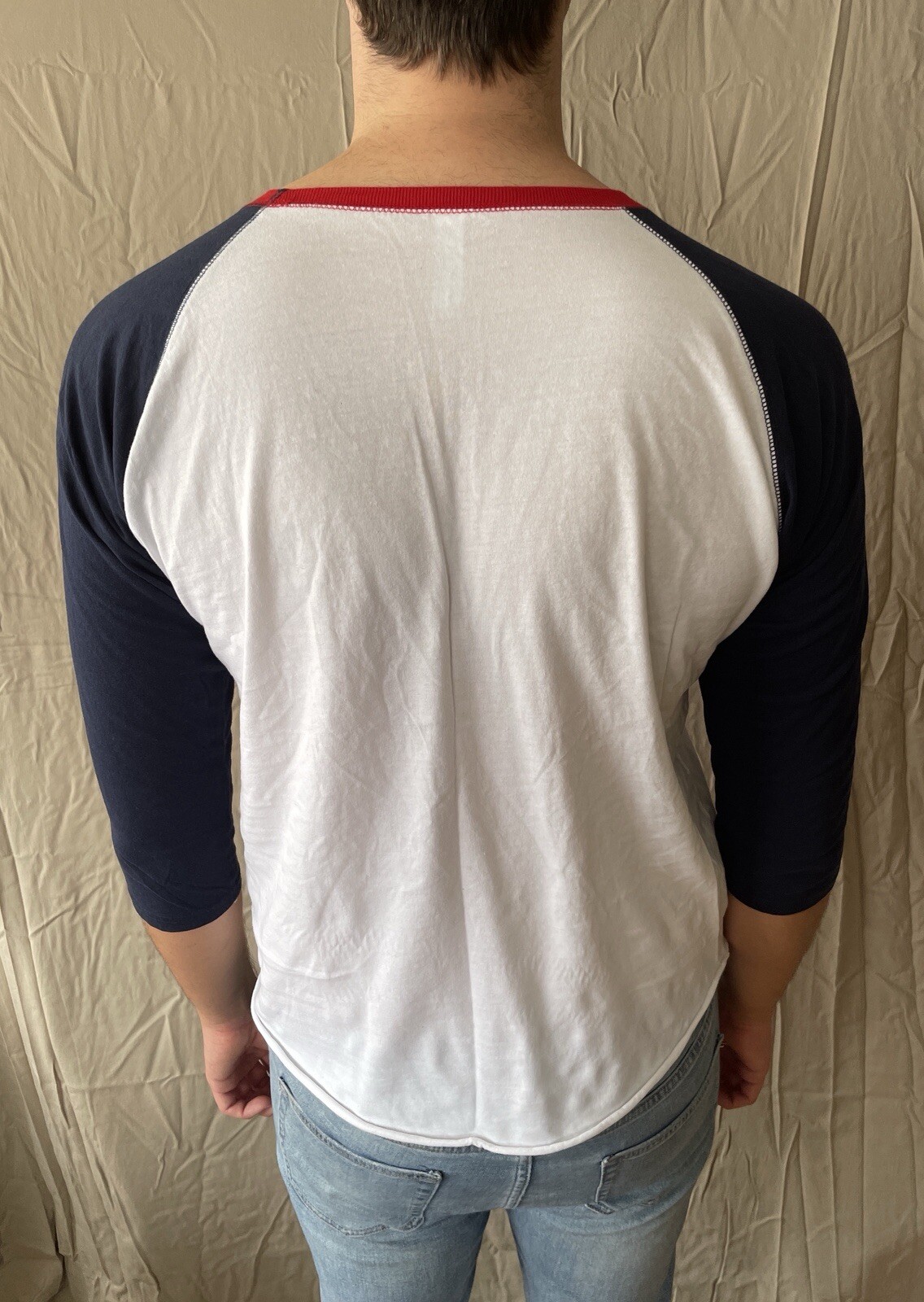 LAT Men&rsquo;s Size L Red White & Blue 3/4 Sleeve Baseball Raglan Tee