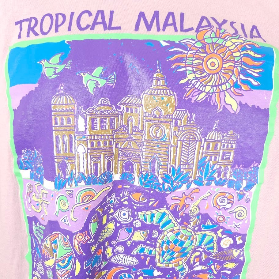 Vintage Tropical Malaysia T Shirt Mens Size Large Pink Travel Destination Tee