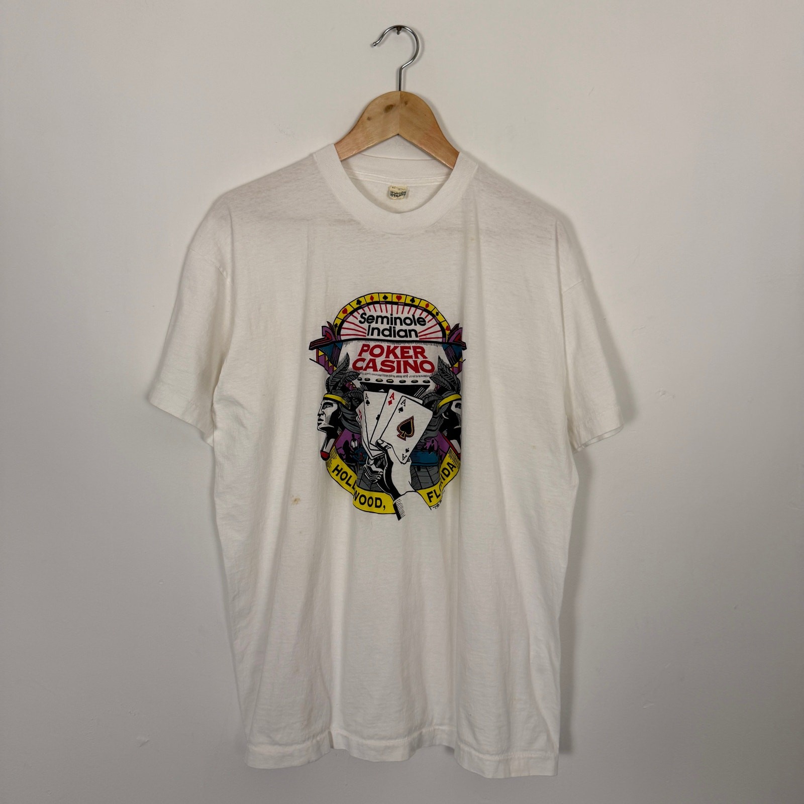 Vintage 80s Seminole Hard Rock Casino Poker Tee Shirt White Single Stitch XL