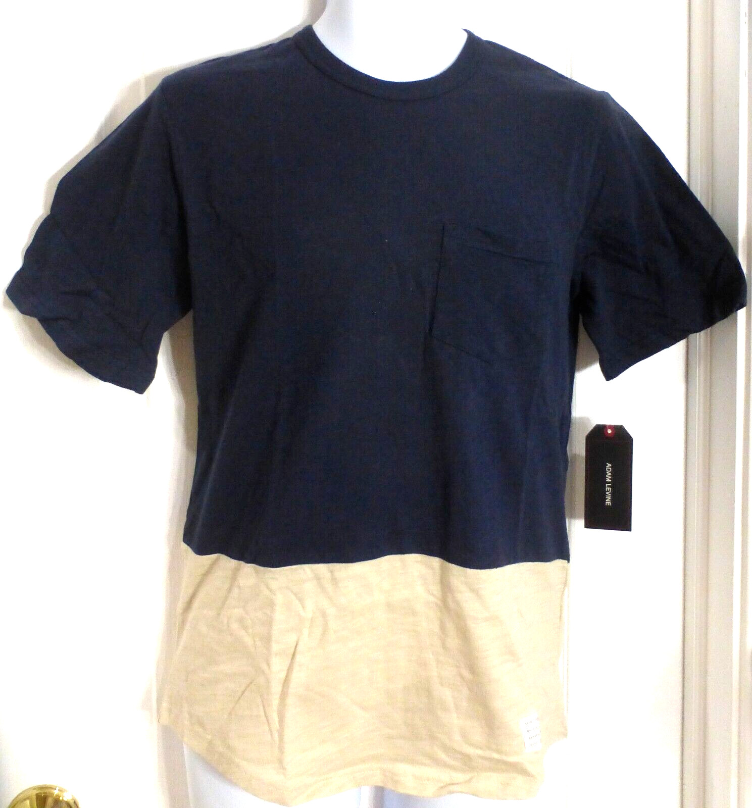 Adam Levine Men&rsquo;s Colorblock Cotton Jersey Shirt, Navy / Ivory, Size Medium, NWT