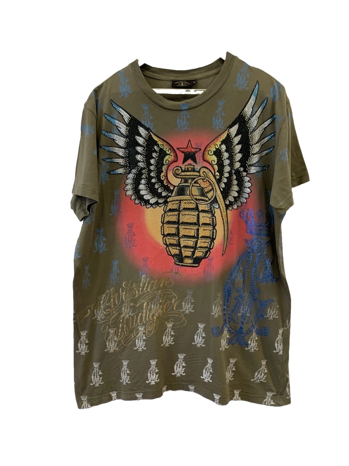 Christian Audigier T-Shirt L Olive Green Winged Grenade Rhinestone Y2K Foil #63
