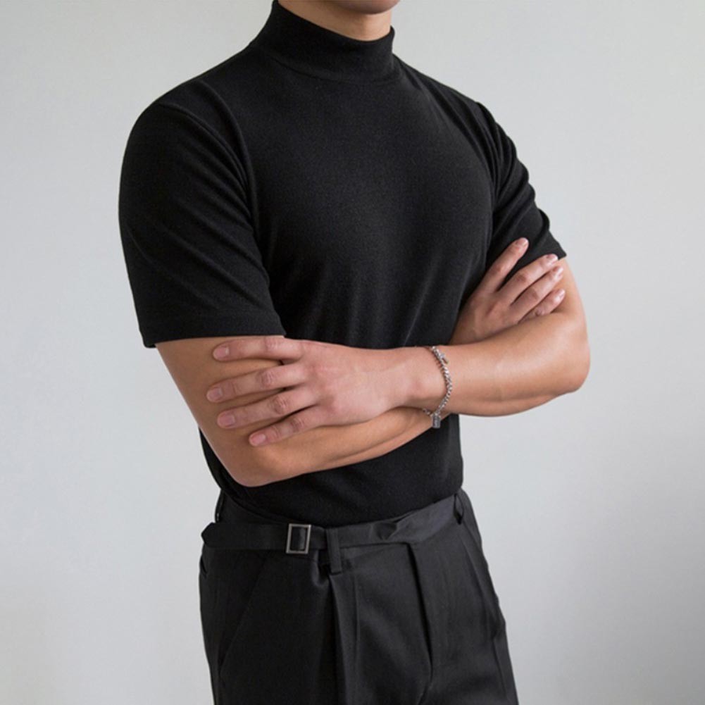 Polyester Spandex Men&rsquo;s Tight Fit T Shirt Half High Neck Short Sleeve S-3XL