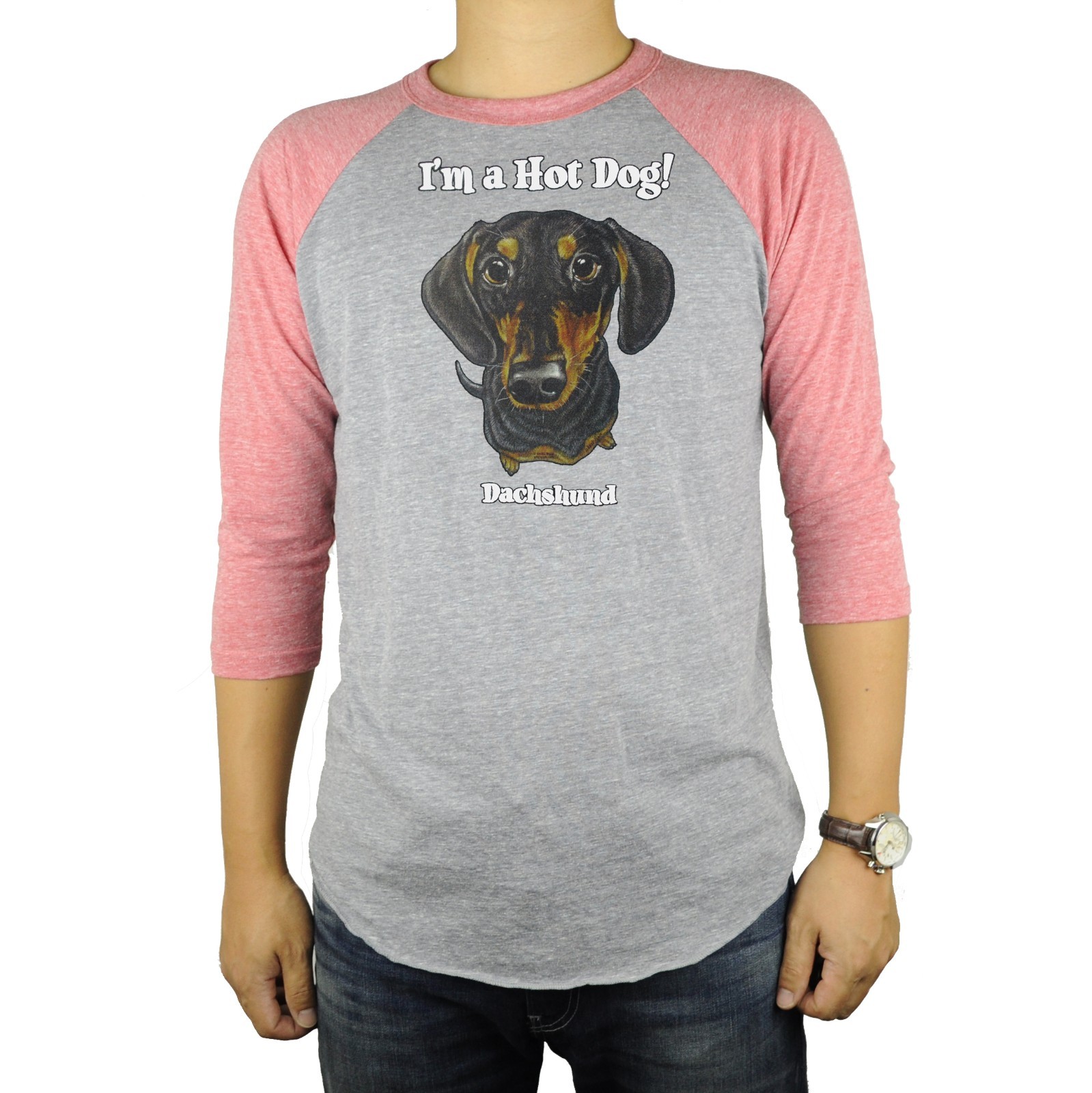 Black Dachshund Hot Dog Baseball Raglan T-Shirt Tri Blend Soft Fitted Tee Cute
