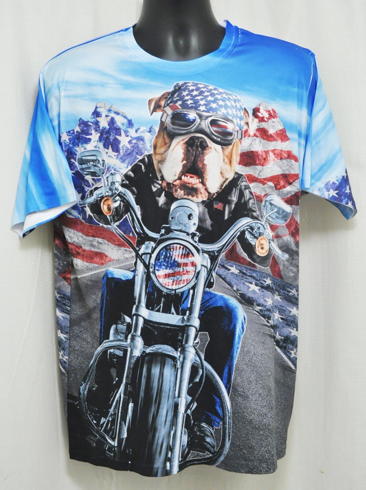 Bulldog Dog Motorcycle Biker USA Patriotic Double Sided American Flag T-Shirt