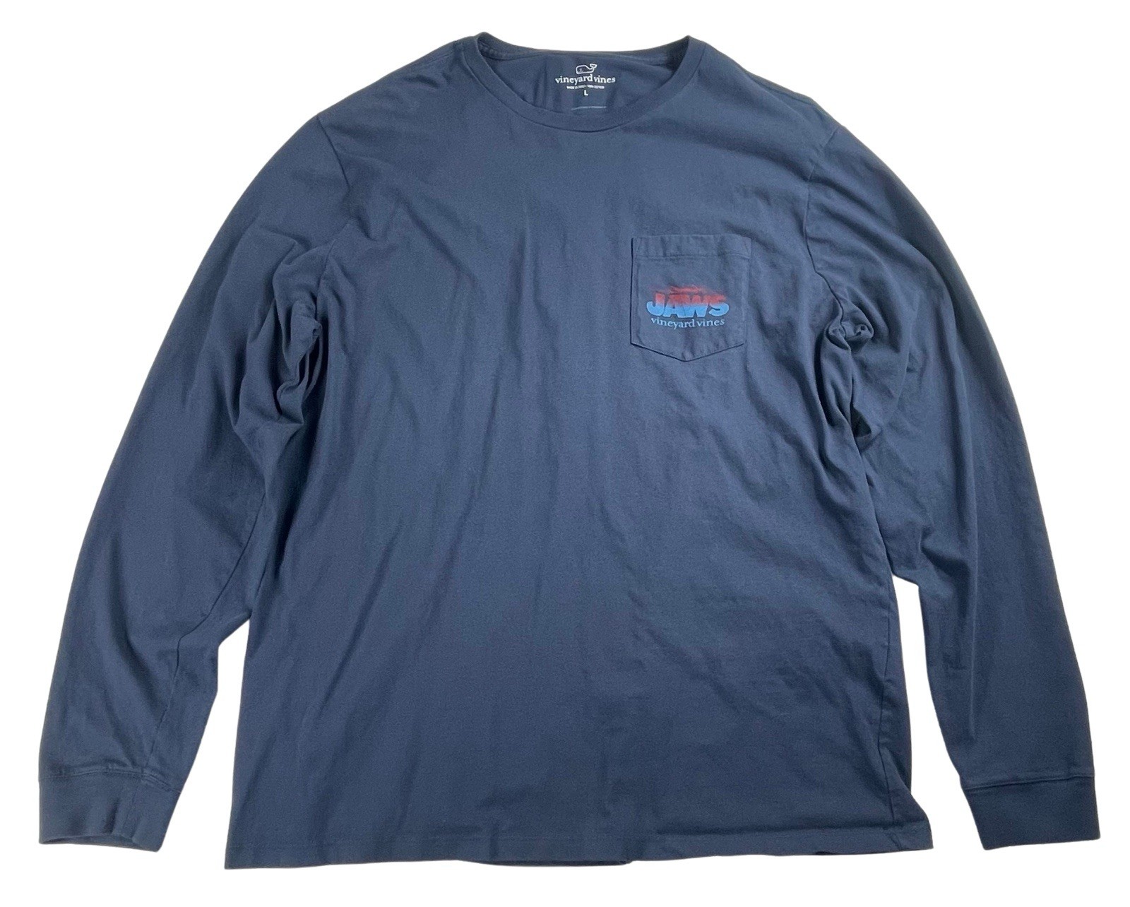 Vineyard Vines Jaws Long Sleeve Pocket Shirt Men’s L Graphic Tee Shark Movie EUC