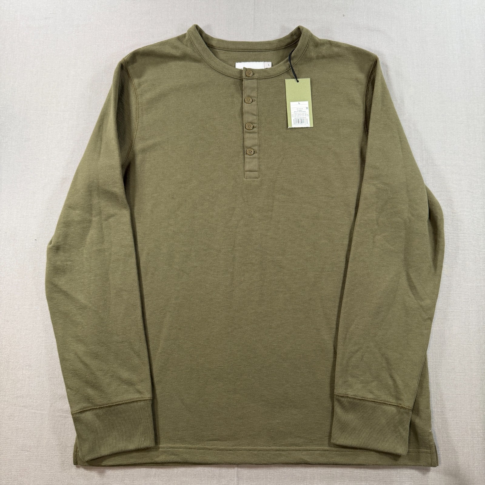 NWT GoodFellow Long Sleeve Thermal Henley Shirt Mens Large Green Waffle Knit