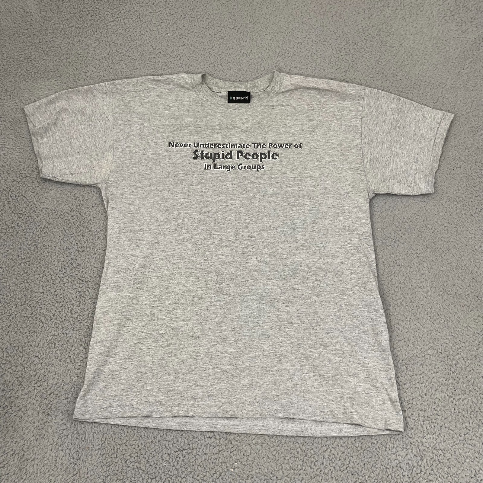 VTG Never Underestimate Stupid People Tee L Gray No Boundaries Y2K Short Sleeve