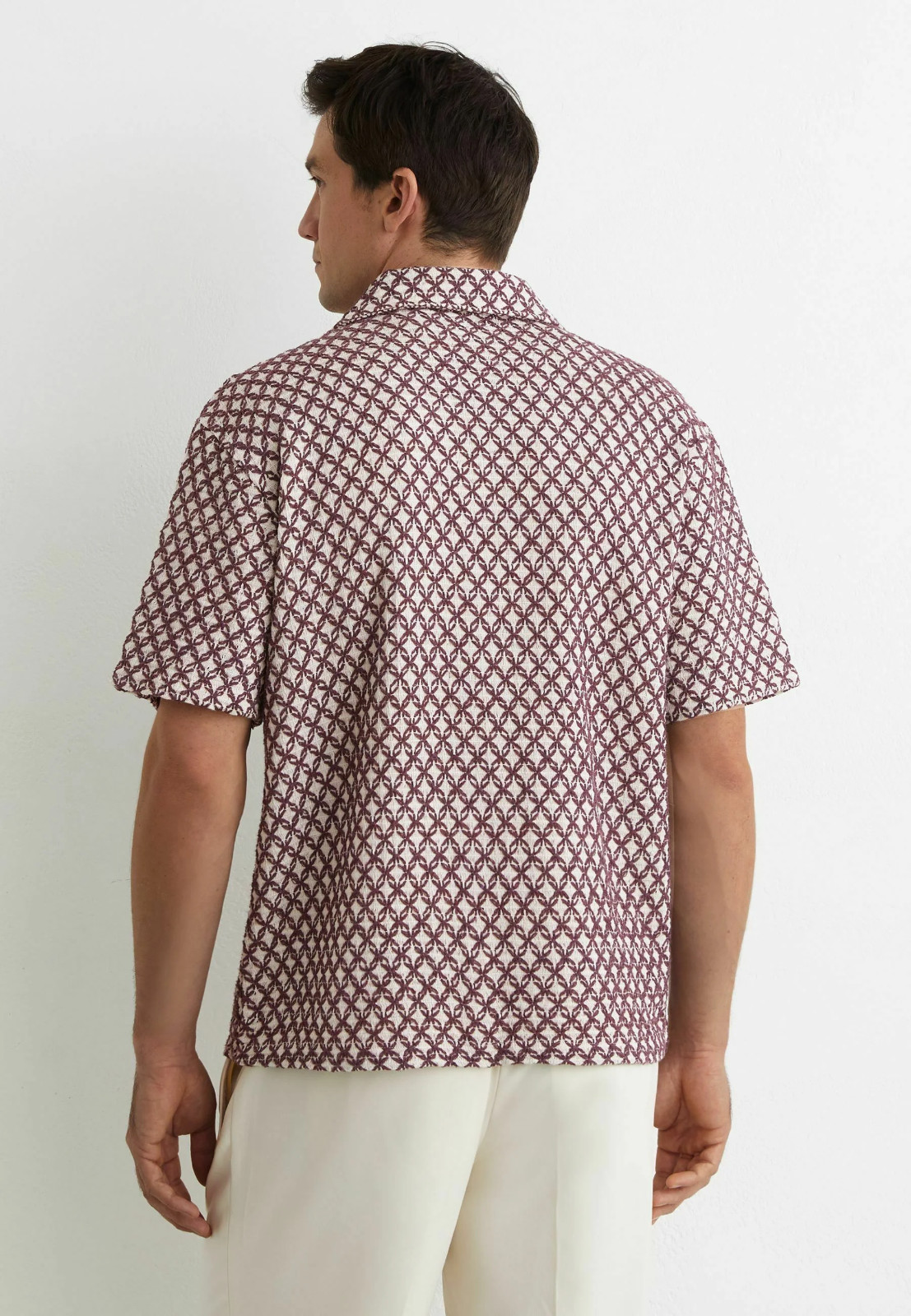 REISS Mens Rust Red Mills Cuban Collar SS Shirt Designer Embroidered Crochet