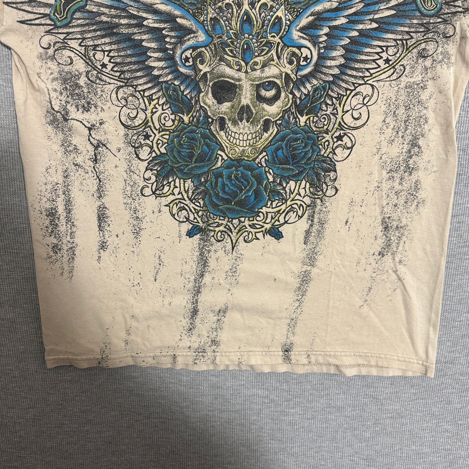 Silver Star Casting Co Graphic T-Shirt Skull Wings Roses Tan Mens Size Medium