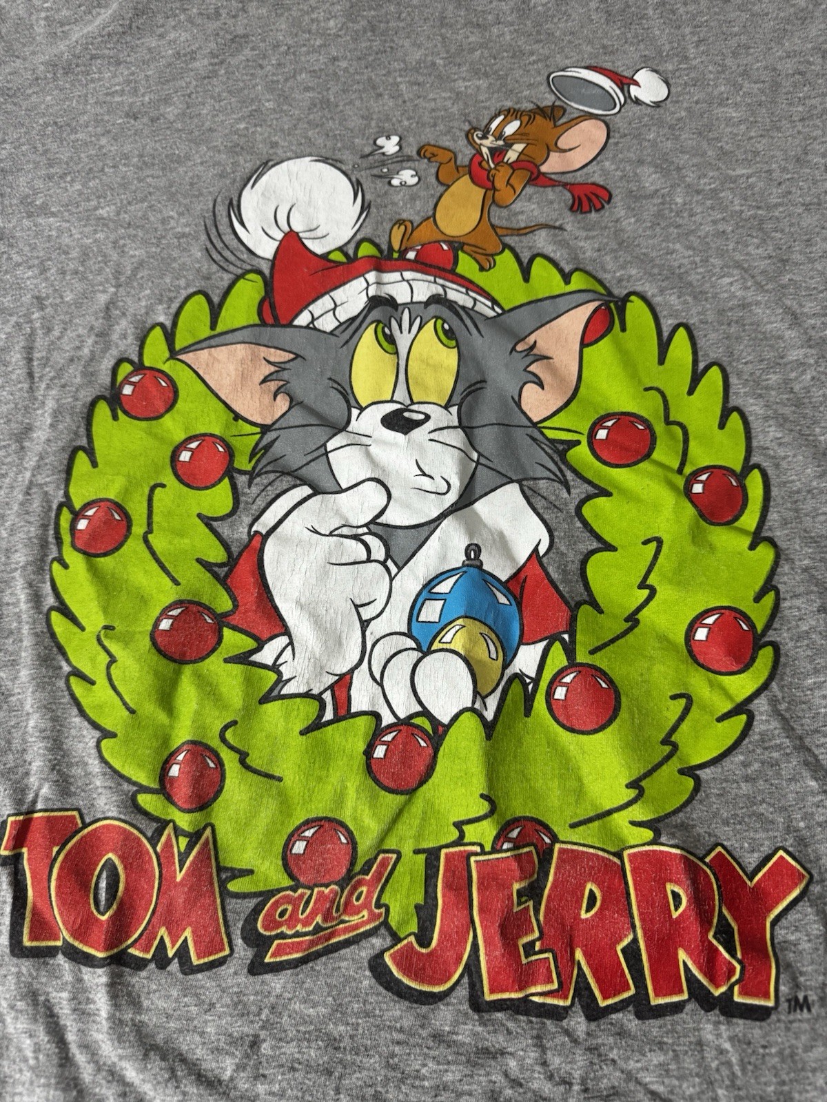 Tom And Jerry Men’s Large Christmas Holiday T-Shirt Heathered Gray ￼