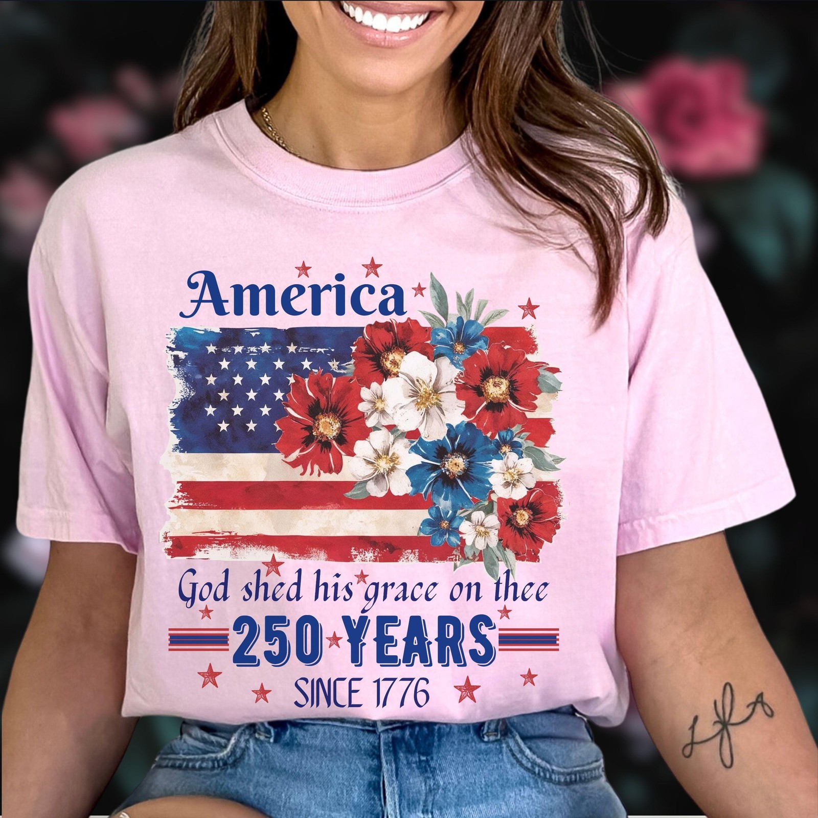 America 250 Years Flag Floral Graphic tshirt, Celebrate 250th Anniversary Patrio