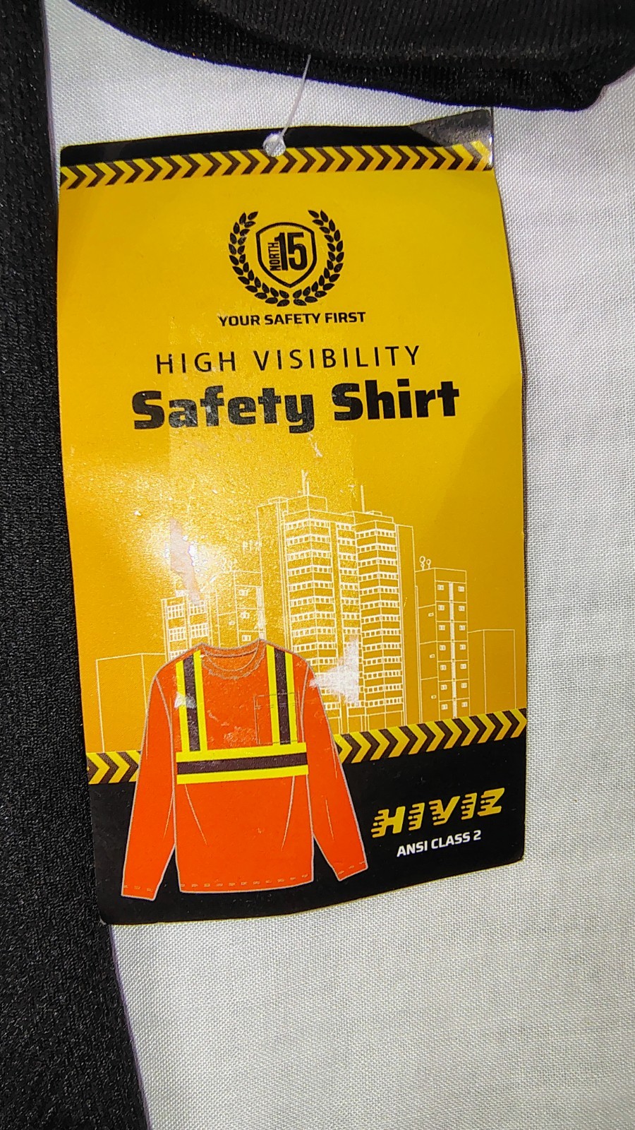 North 15 High Vis LS Safety Work T-Shirt Pocket ASNI Class 2 Yellow Black Sz L