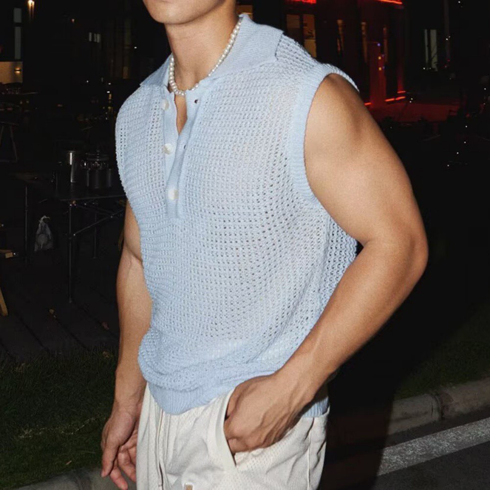 Mens Summer Top Gym Workout Men Knitted Tank Knitted Fabric Hollow Design