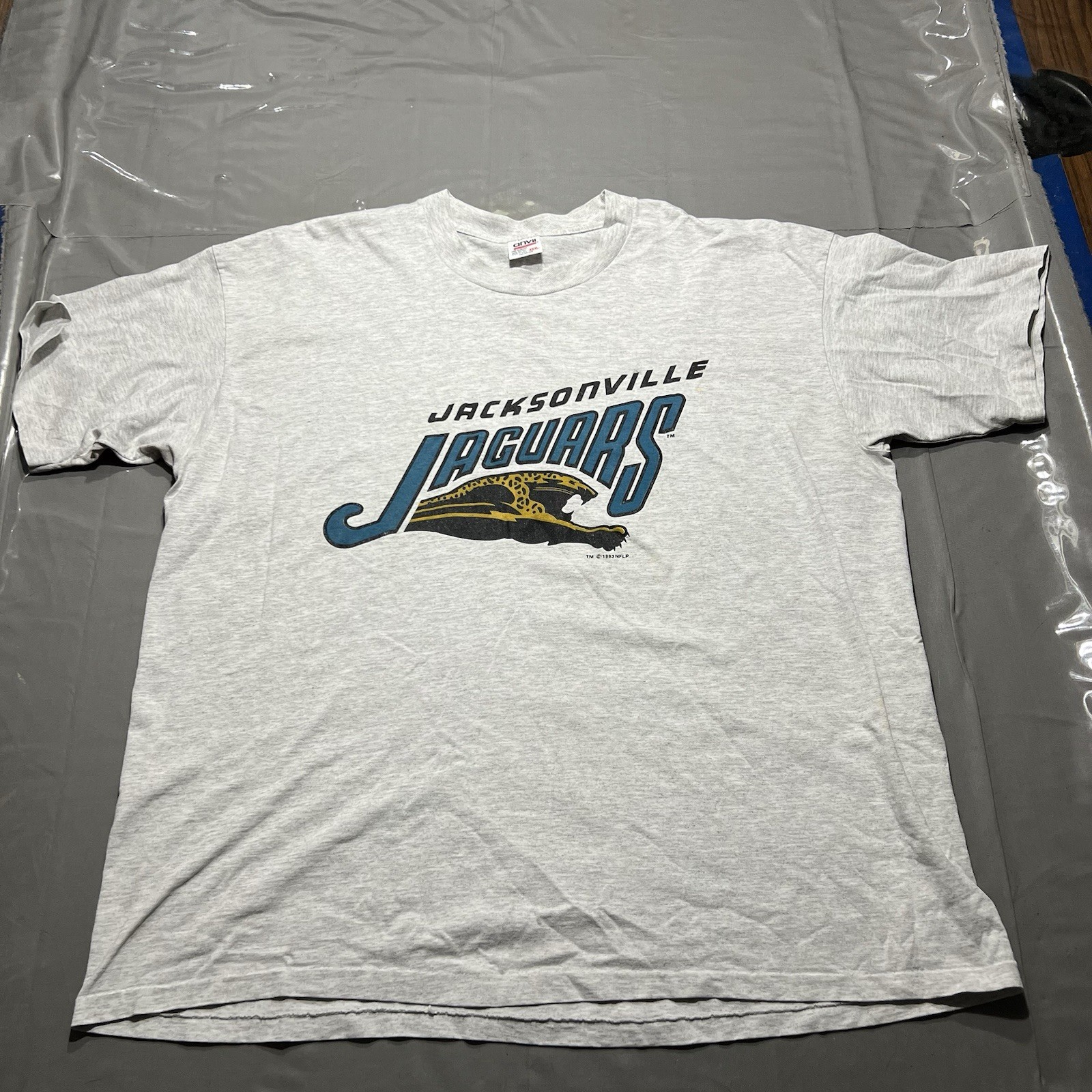 Vintage Jacksonville Jaguars Banned Logo T Shirt Gray 90s Mens 3XL Anvil Red Bar
