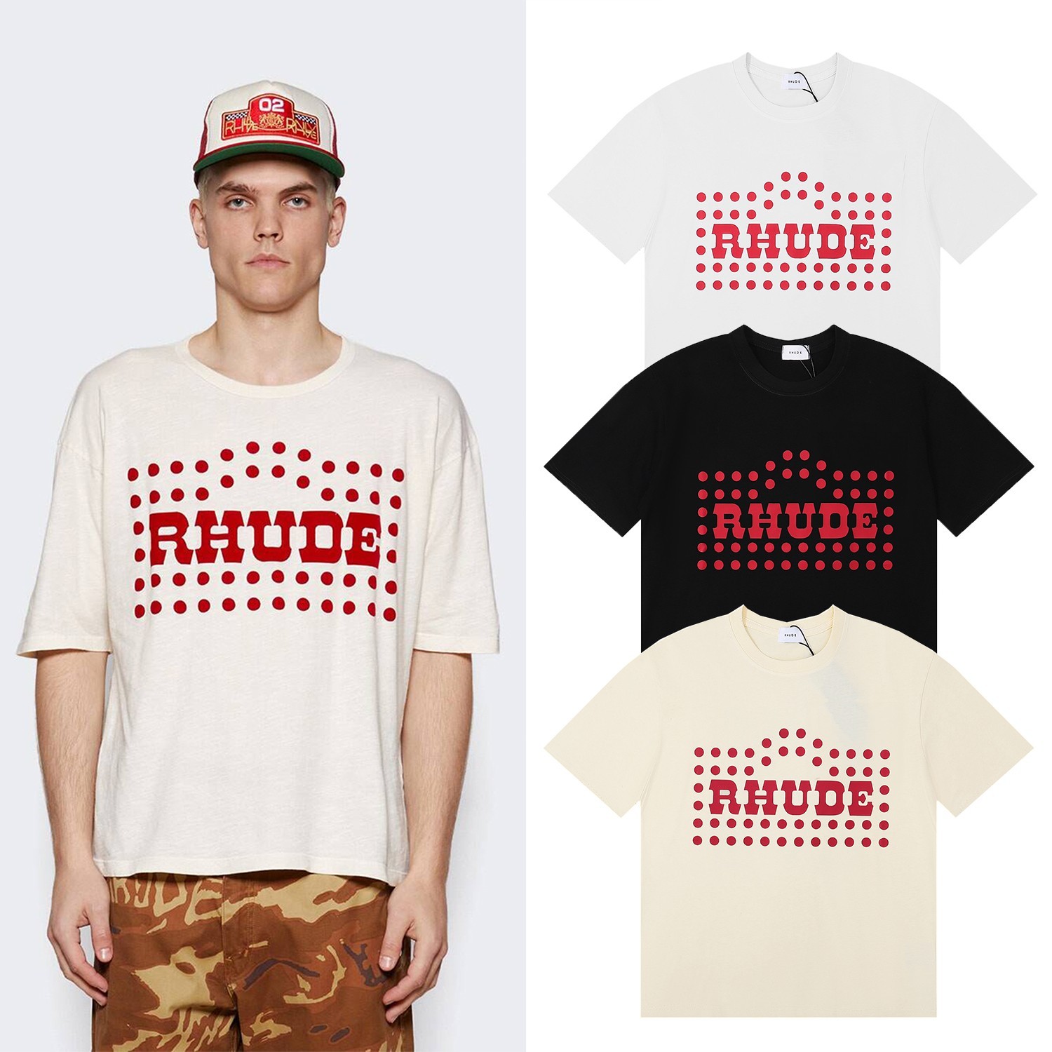 NEW RHUDE Men Women Printing Red Dots Cotton Short Sleeve POLO T-Shirt SZ:S-XL