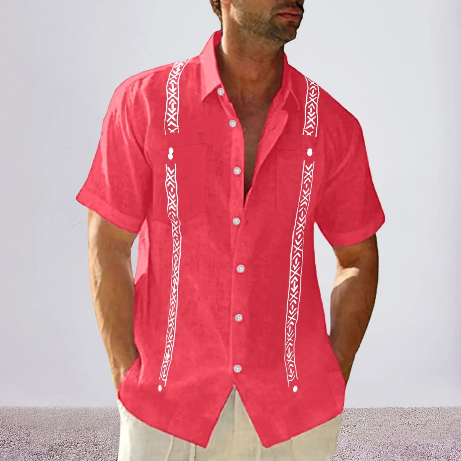 Men&rsquo;s Short Sleeve Button-Up Casual Cuban Guayabera Beach Wedding Dress Shirt