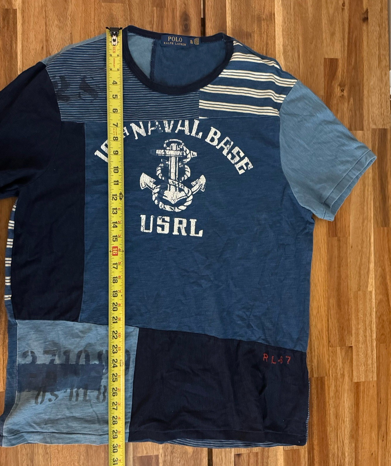 Polo Ralph Lauren Men&rsquo;s T-Shirt Sz XL Naval Base USRL Ugly Patchwork Blue Preppy