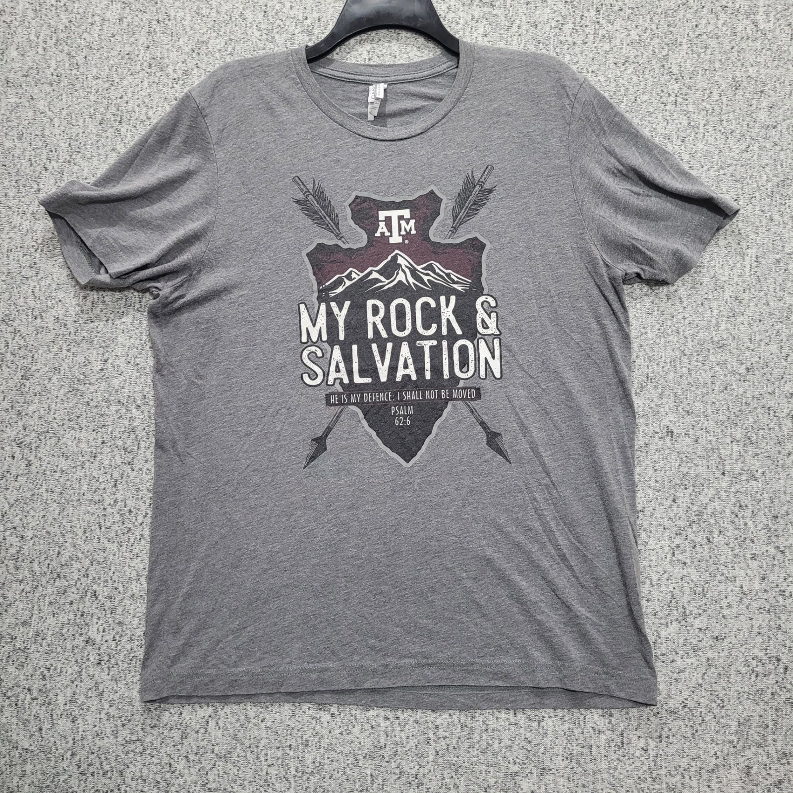 Texas AM Bella Canvas Grey T-Shirt My Rock Salvation Psalm 62:6 Aggies Mens L