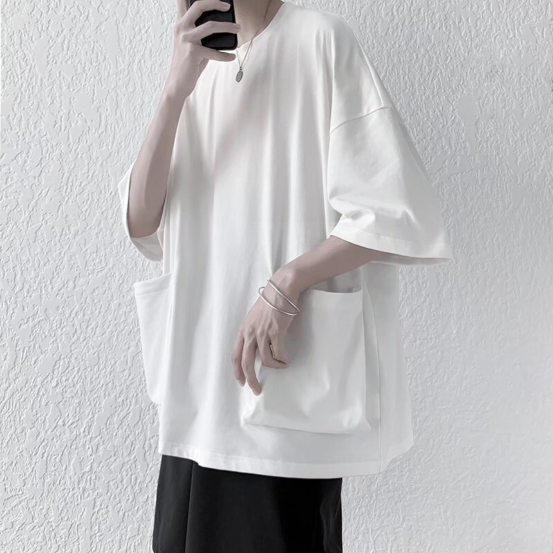 Men Big Pocket T Shirt Loose Oversized Raglan Half Sleeve Tee Tops Harajuku