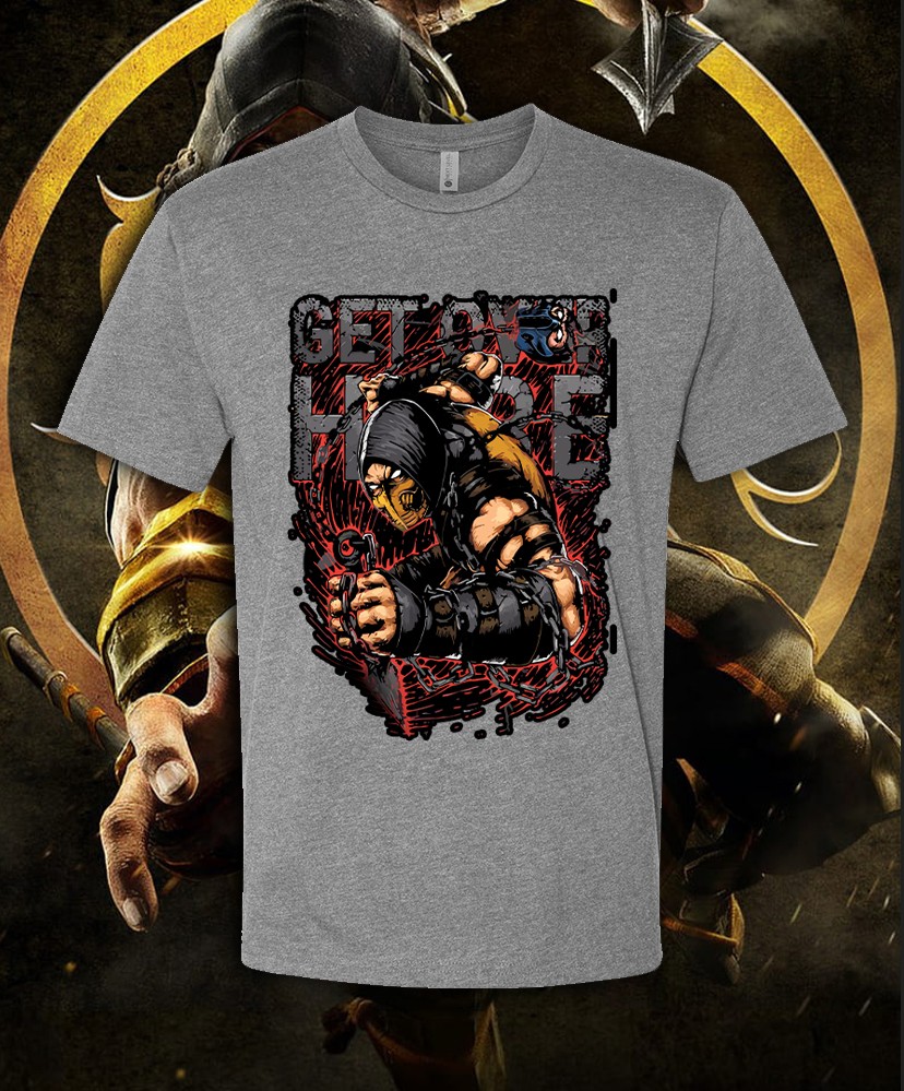 Mortal Kombat Scorpion Get Over Here! 80&rsquo;s Shirt Adult & Youth sizes! Fast Ship!