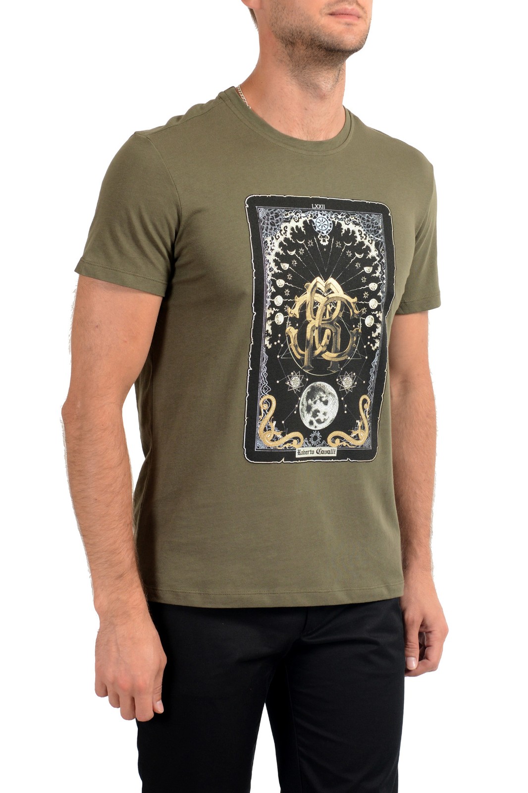 Roberto Cavalli Men&rsquo;s Olive Green Graphic Print Crewneck T-Shirt US M IT 50