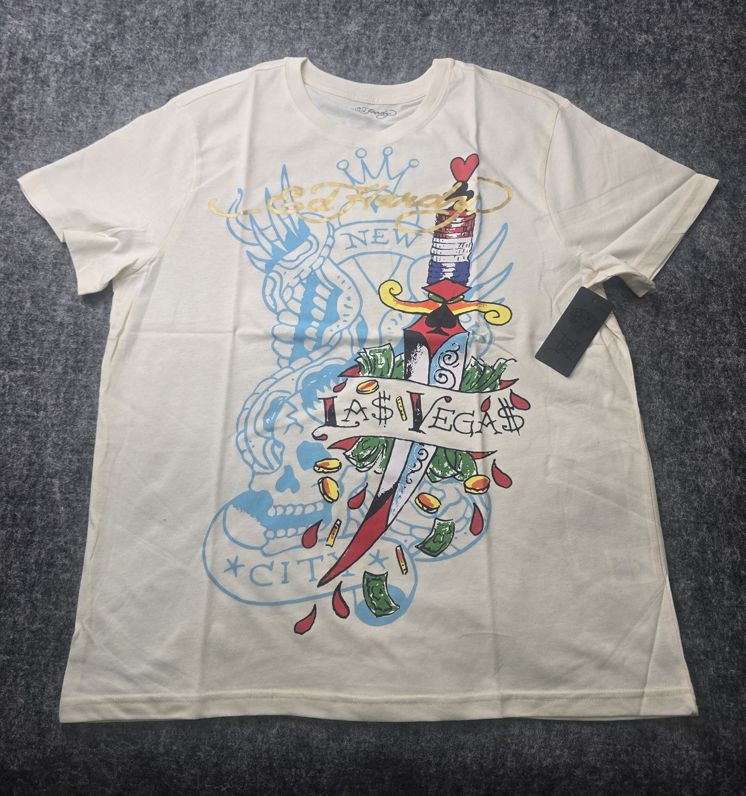 Ed Hardy Las Vegas Skull Poker Graphic Mens Size XL T Shirt Tattoo Art