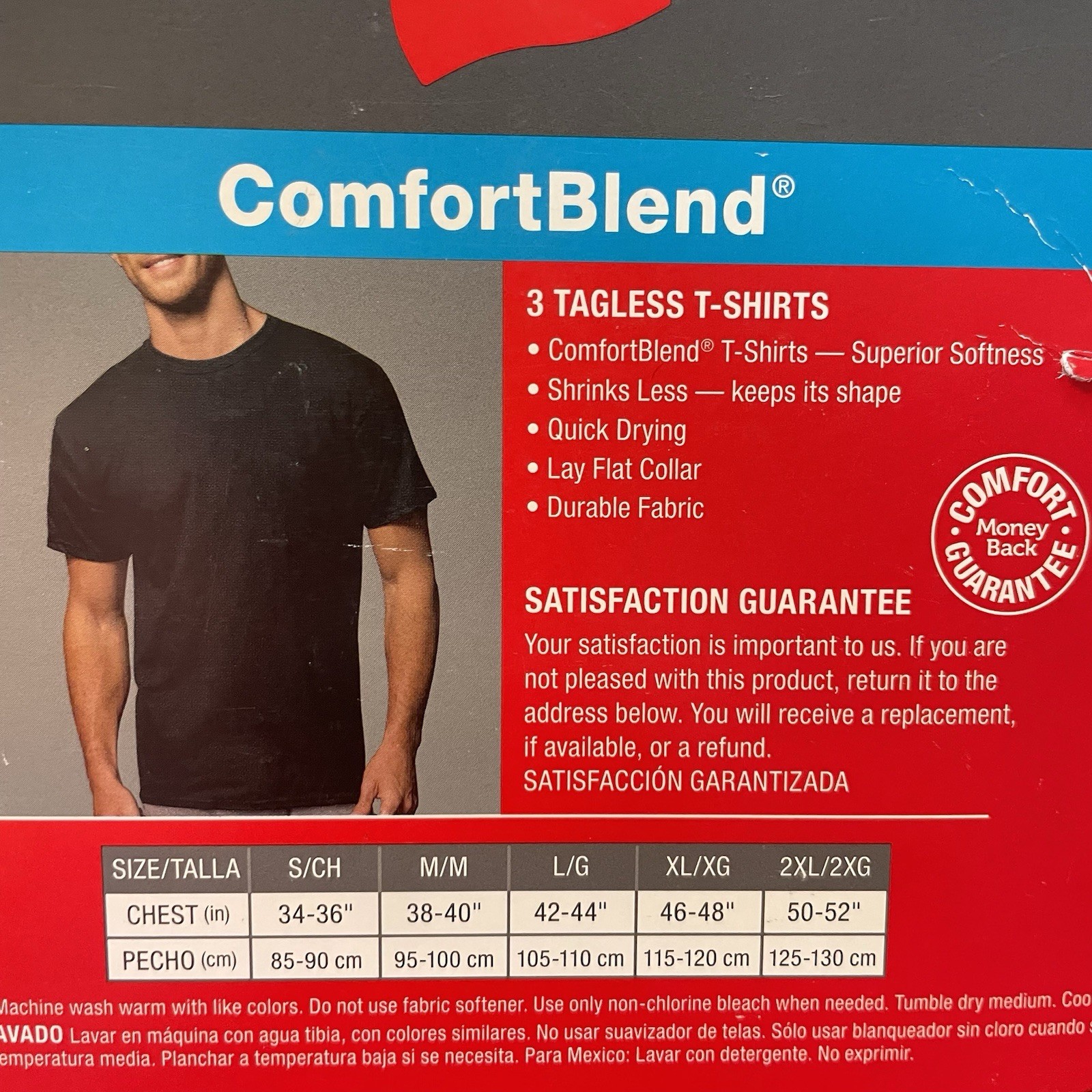 S Hanes T-Shirts 3 Pack Comfort Blend Tagless Lay Flat Collar White Gray Black