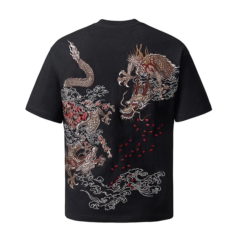 Men&rsquo;s Embroidered Dragon T-Shirt Hip Hop Short Sleeve Heavy Stitch Streetwear