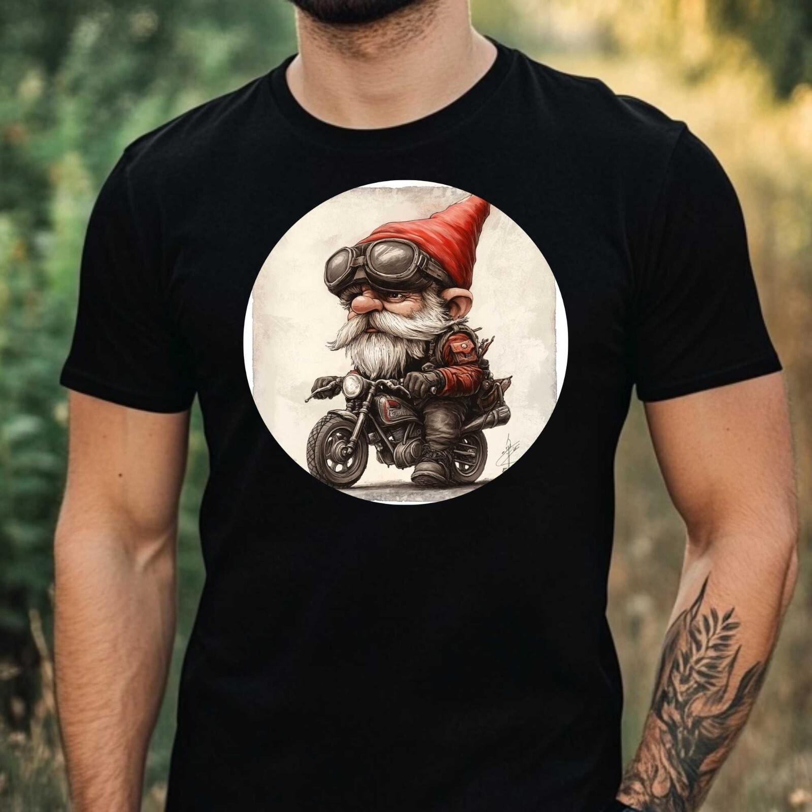 Mens Biker Gnome Motif Cotton T-Shirt Size XS to 5XL
