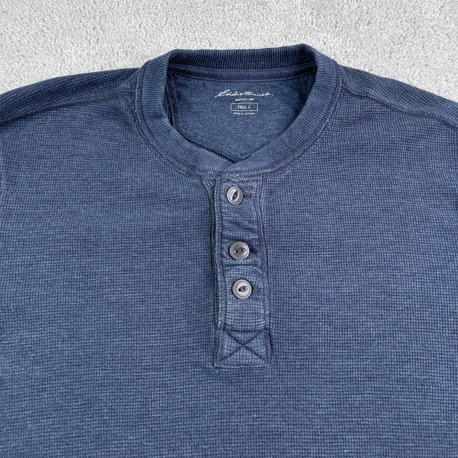 Eddie Bauer Shirt Mens Large Tall Blue Henley Waffle Knit Long Sleeve Thermal
