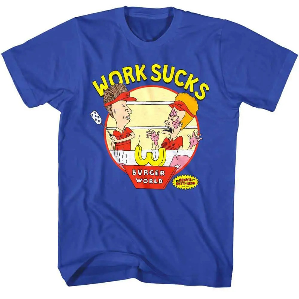 Beavis and Butthead Work Sucks Men&rsquo;s T Shirt Flipping Burger World MTV Spatula