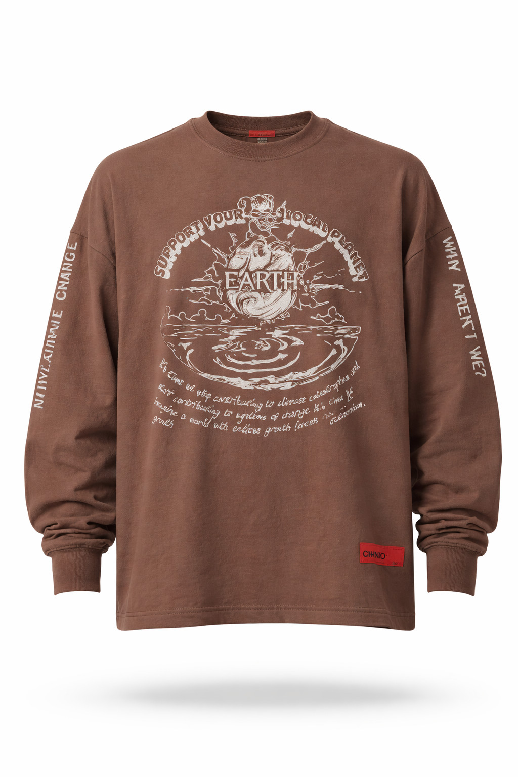 CHNGE Men&rsquo;s Support Earth Casual Crew Neck Cuff Long Sleeve T-Shirt, Brown, XL