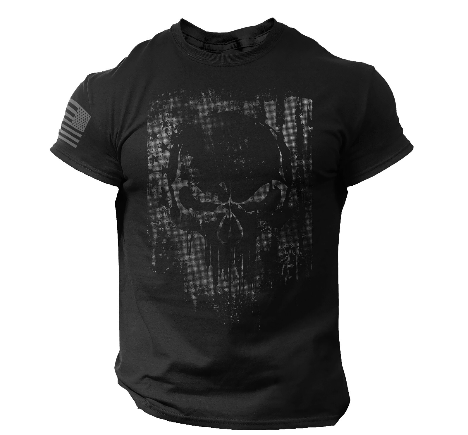 Men&rsquo;s Black Tactical Skull T-Shirt – Distressed American Flag Design, Patriotic