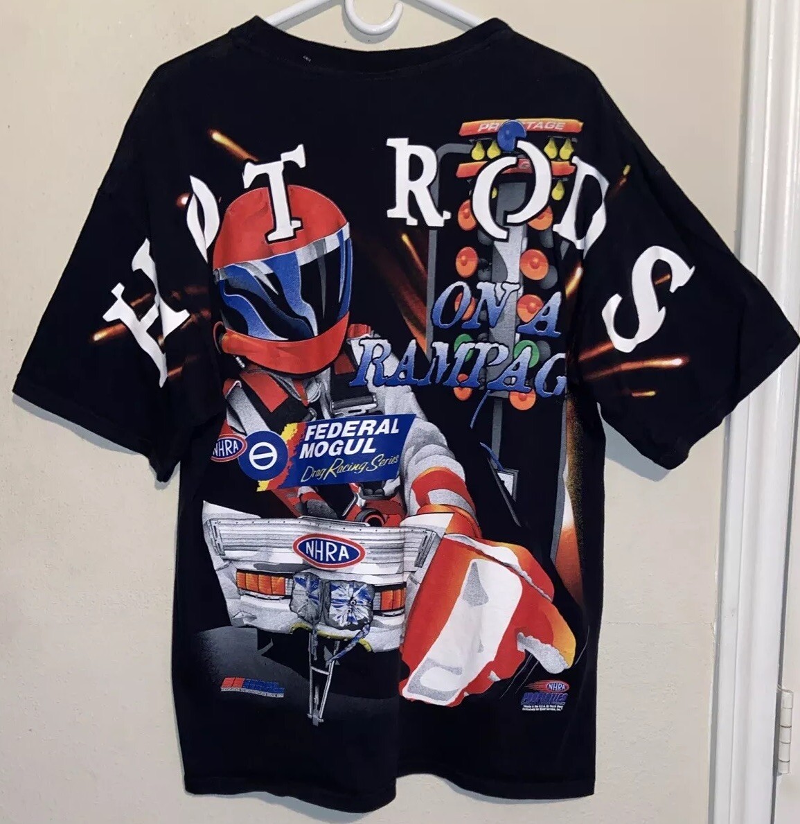 NHRA Nascar Drag Racing Hot Rods Federal Mogul Men L Black Double Sided Vintage