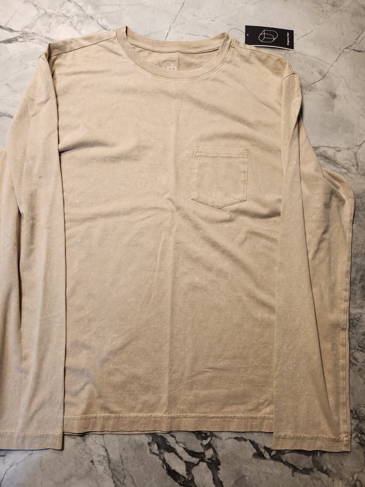 Original Use T-Shirt Men Medium Beige Long Sleeve Crew Neck Pullover Regular Fit