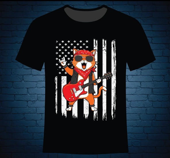 Funny Cat Rocker T-Shirt Distressed US American Flag Orange Kitten Guitarist Tee