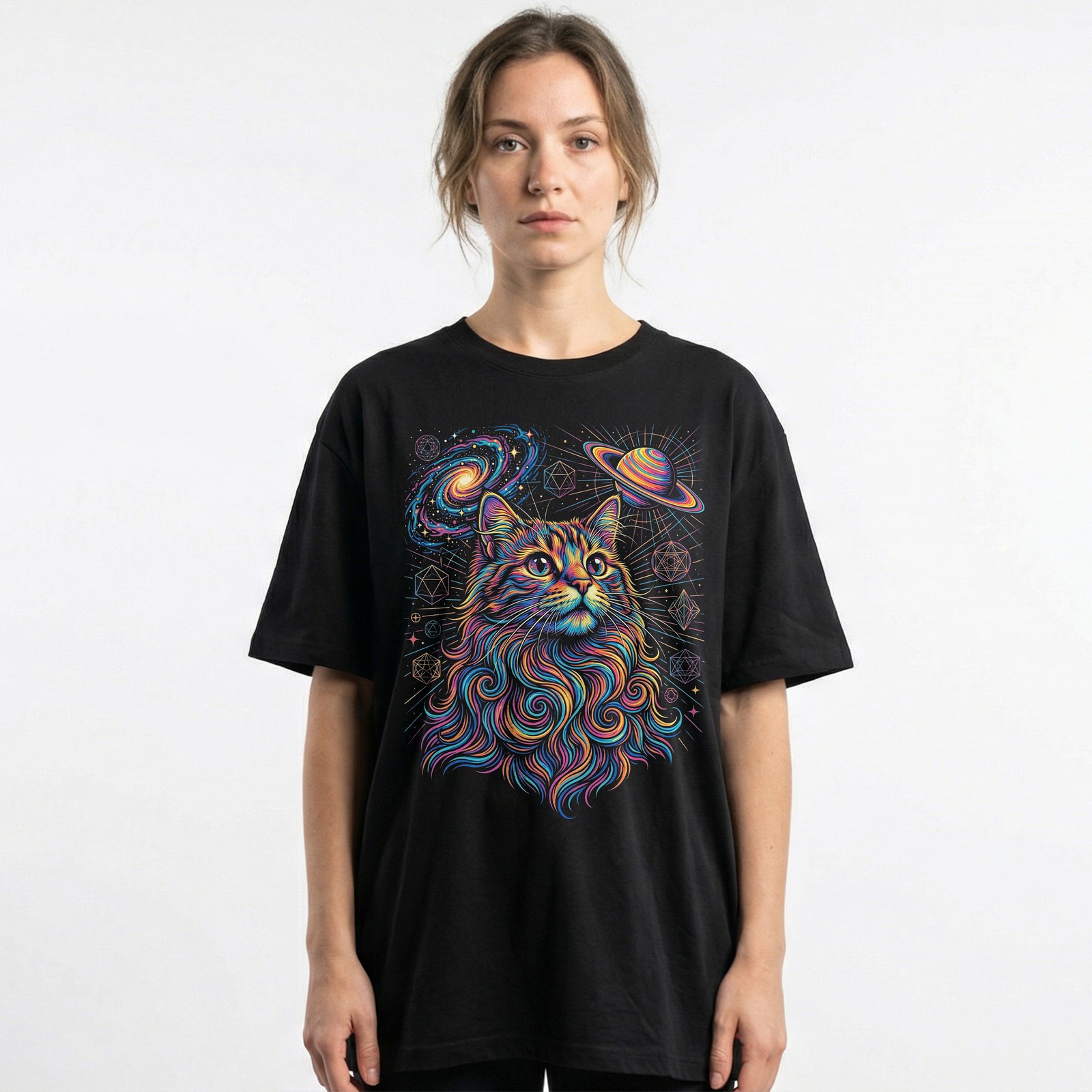Cosmic Cat Saturn Galaxy Sacred Geo Psychedelic T-Shirt Trippy Space Feline Tee