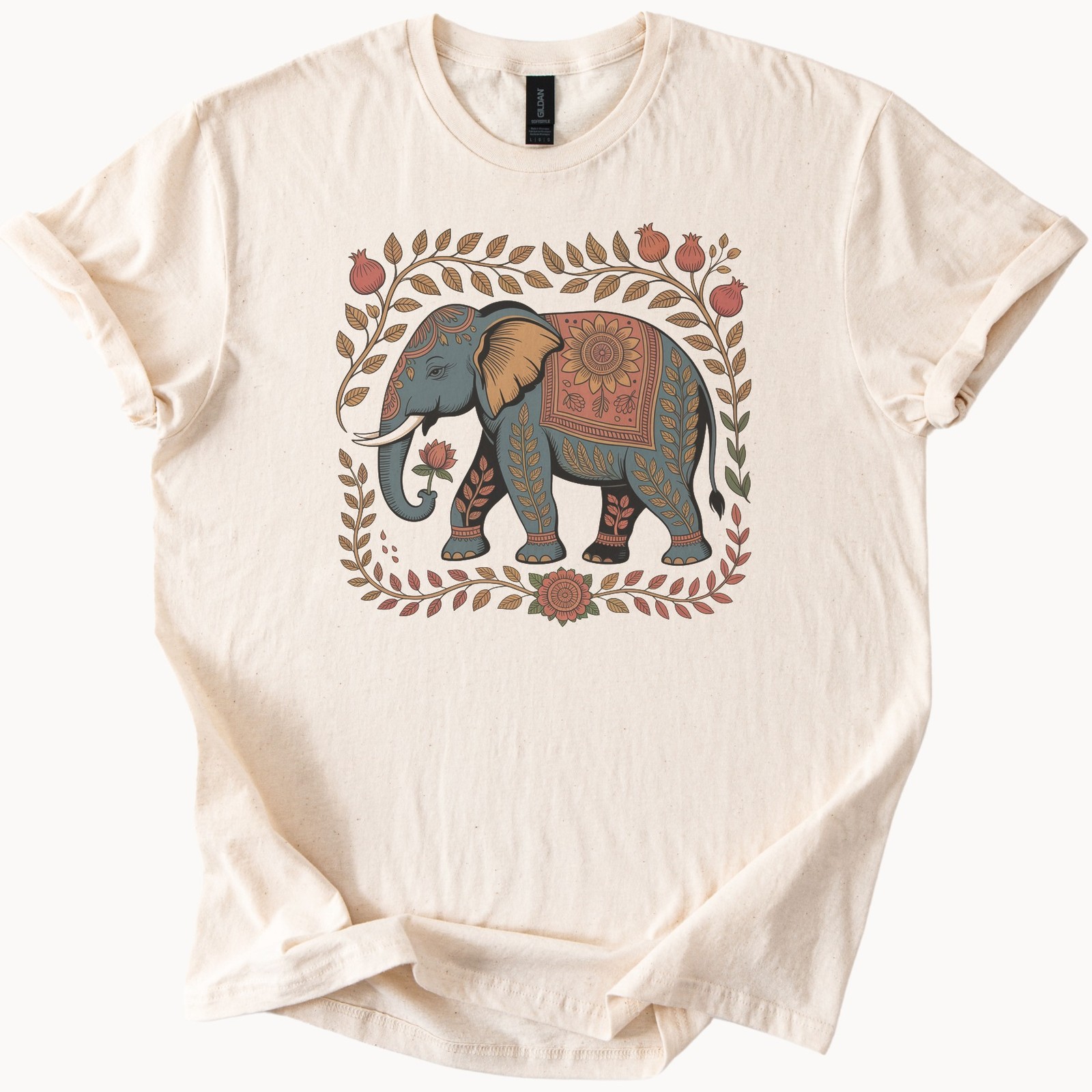 Ornate Elephant Graphic Tee with Boho Block Print Style Design