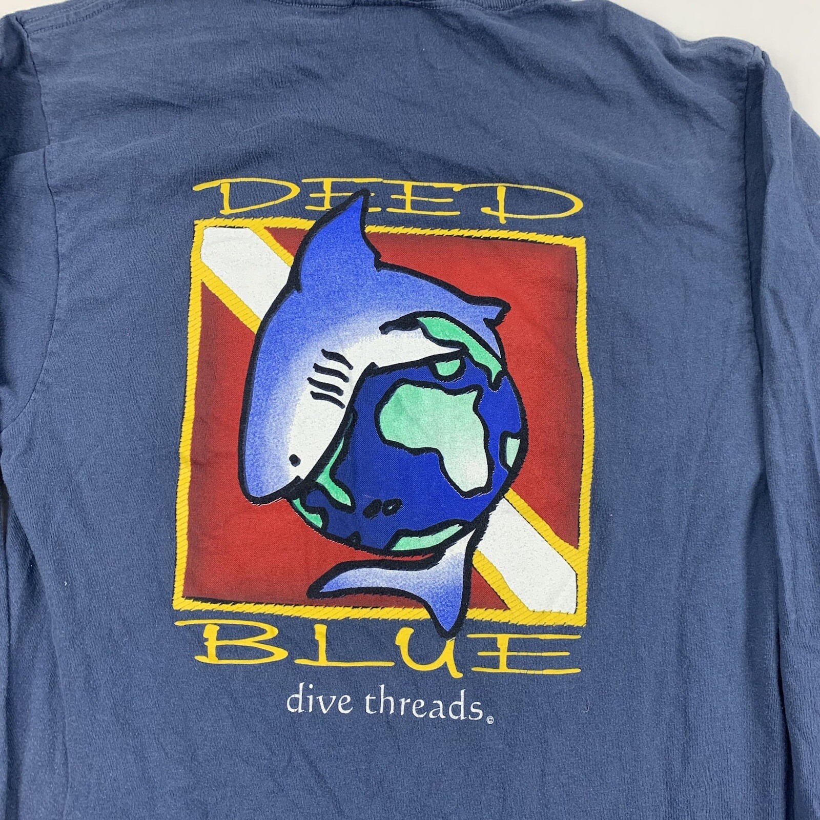Vintage Deep Blue Dive Threads Long Sleeve Shirt Adult Medium Blue Ocean Shark