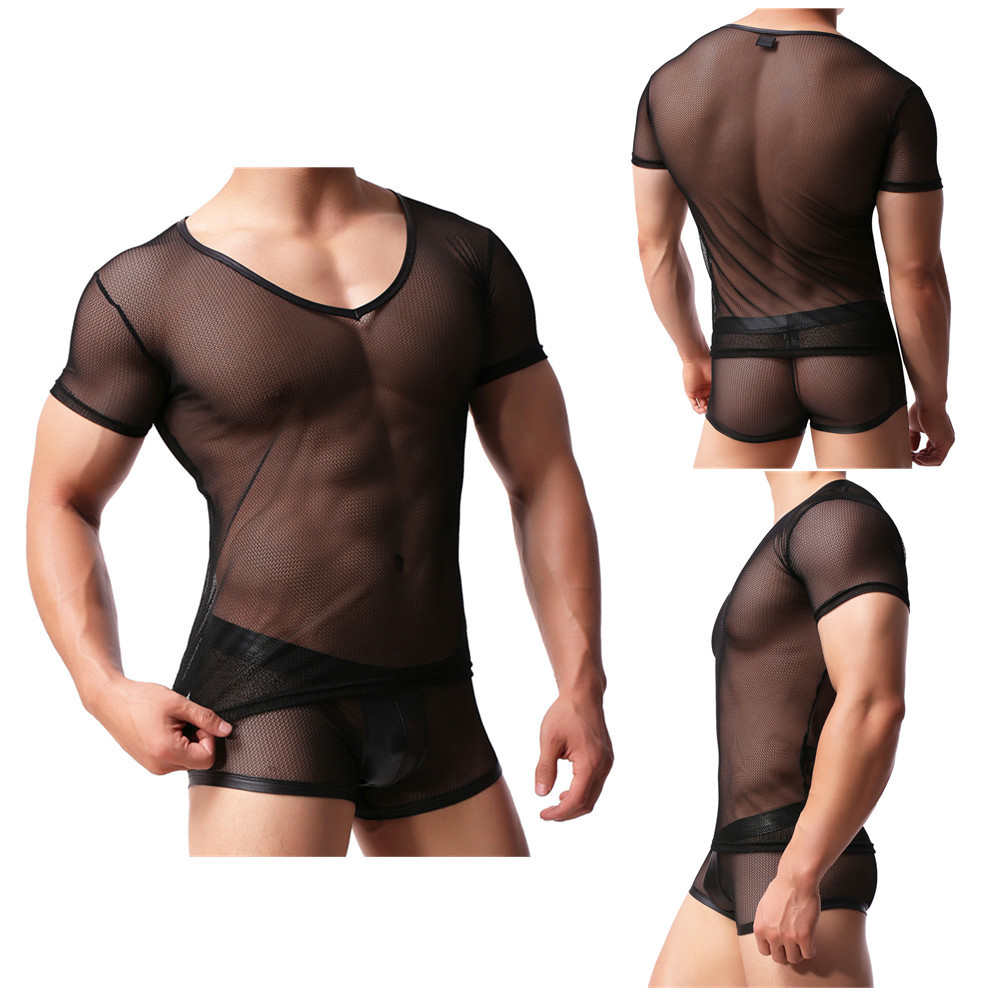 Men Mesh Transparent T-shirt Gym Training Tank Top Net Sport Sheer Boxers Shorts