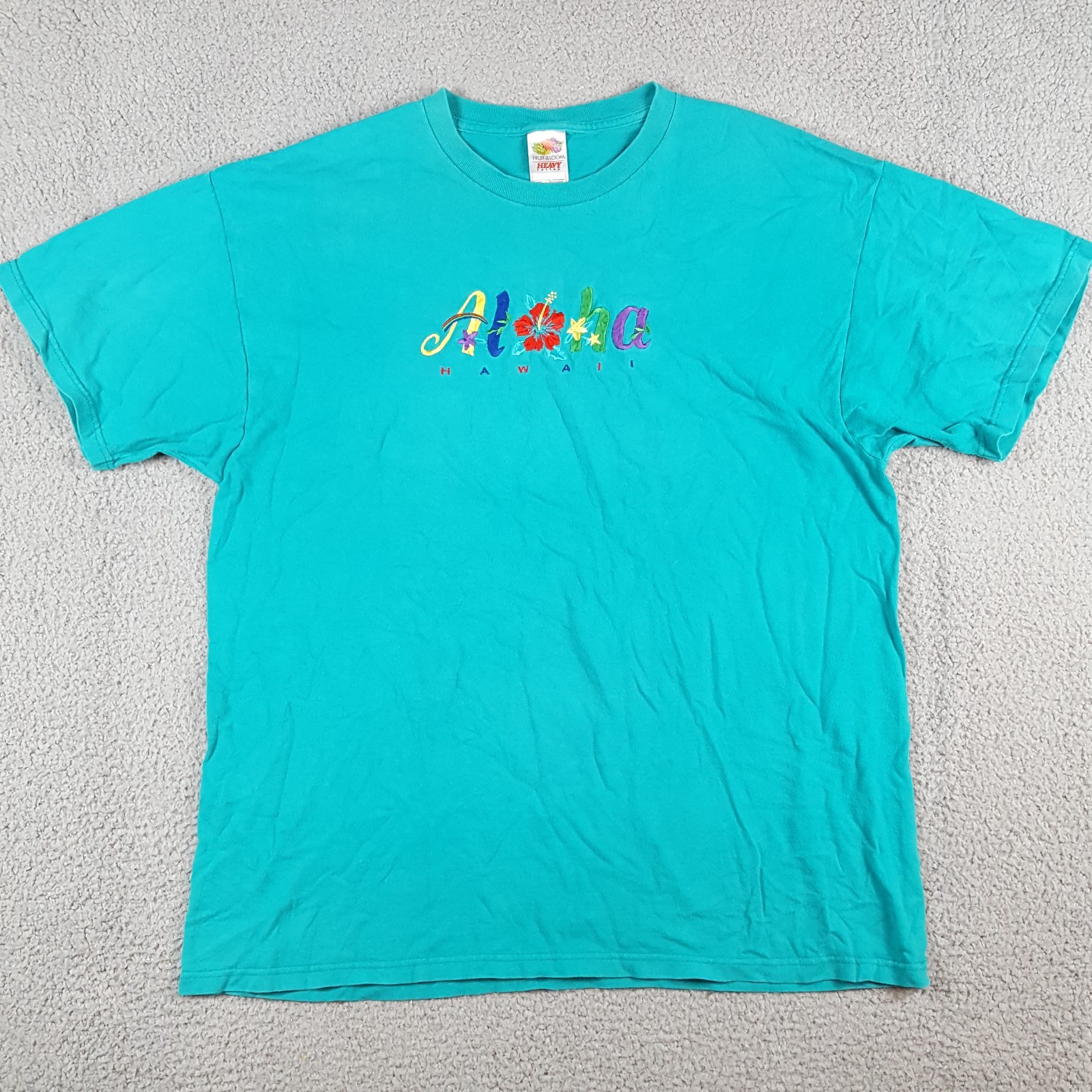 Vintage 90s Teal Aloha Hawaiian Flower Tee Size XL Retro Tropical Beach T Shirt