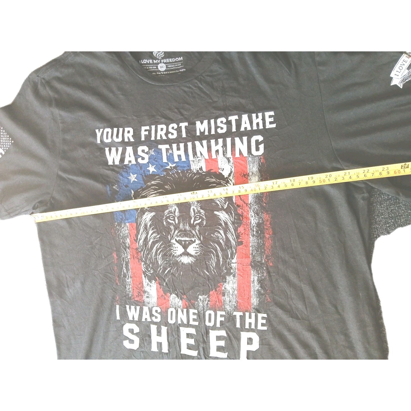 I Love My Freedom Lion American Flag Graphic T-Shirt Mens XL Black Patriotic Tee