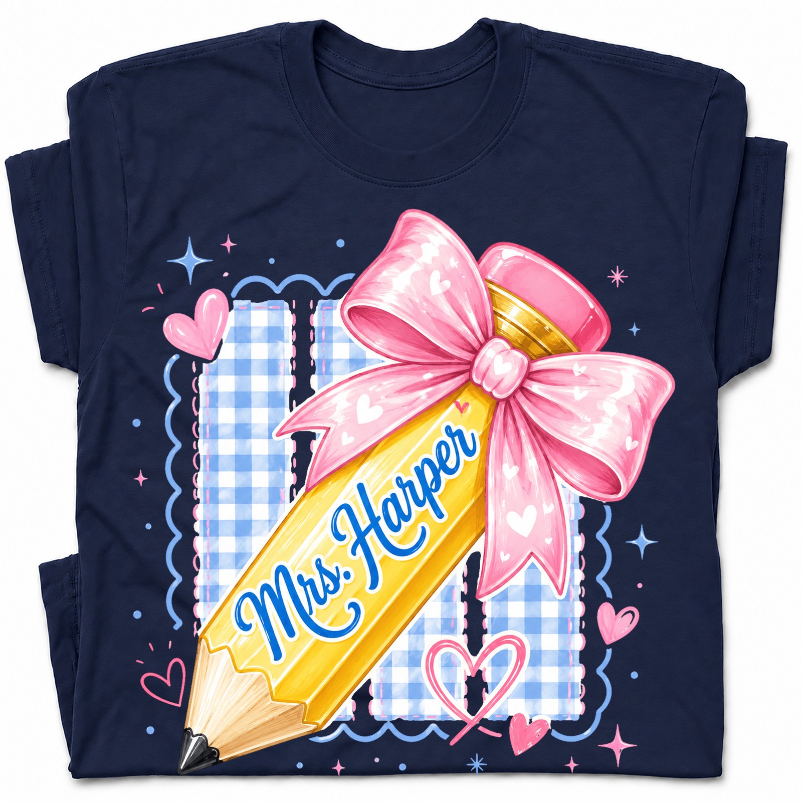 Personalized Pencil Bow Gingham T-Shirt Personalized Teacher Pencil Tee