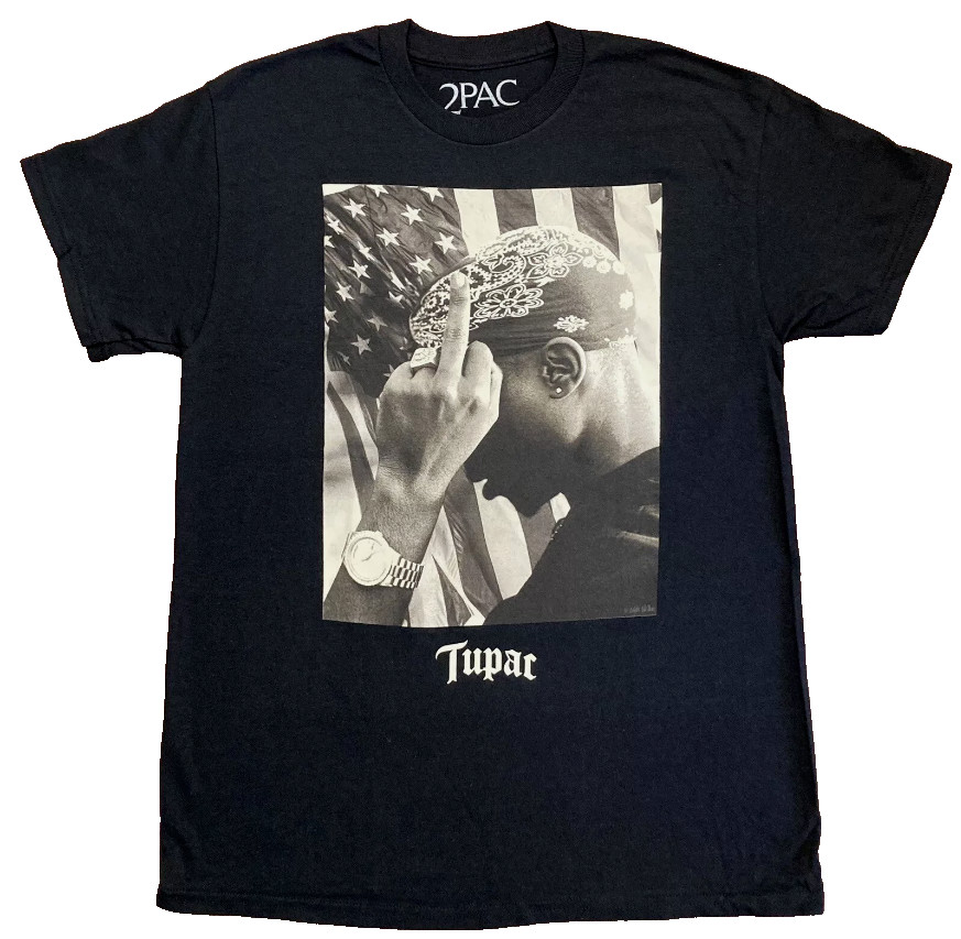 2Pac Tupac Shakur USA Flag Middle Finger Graphic T-shirt Men Medium Rap Music