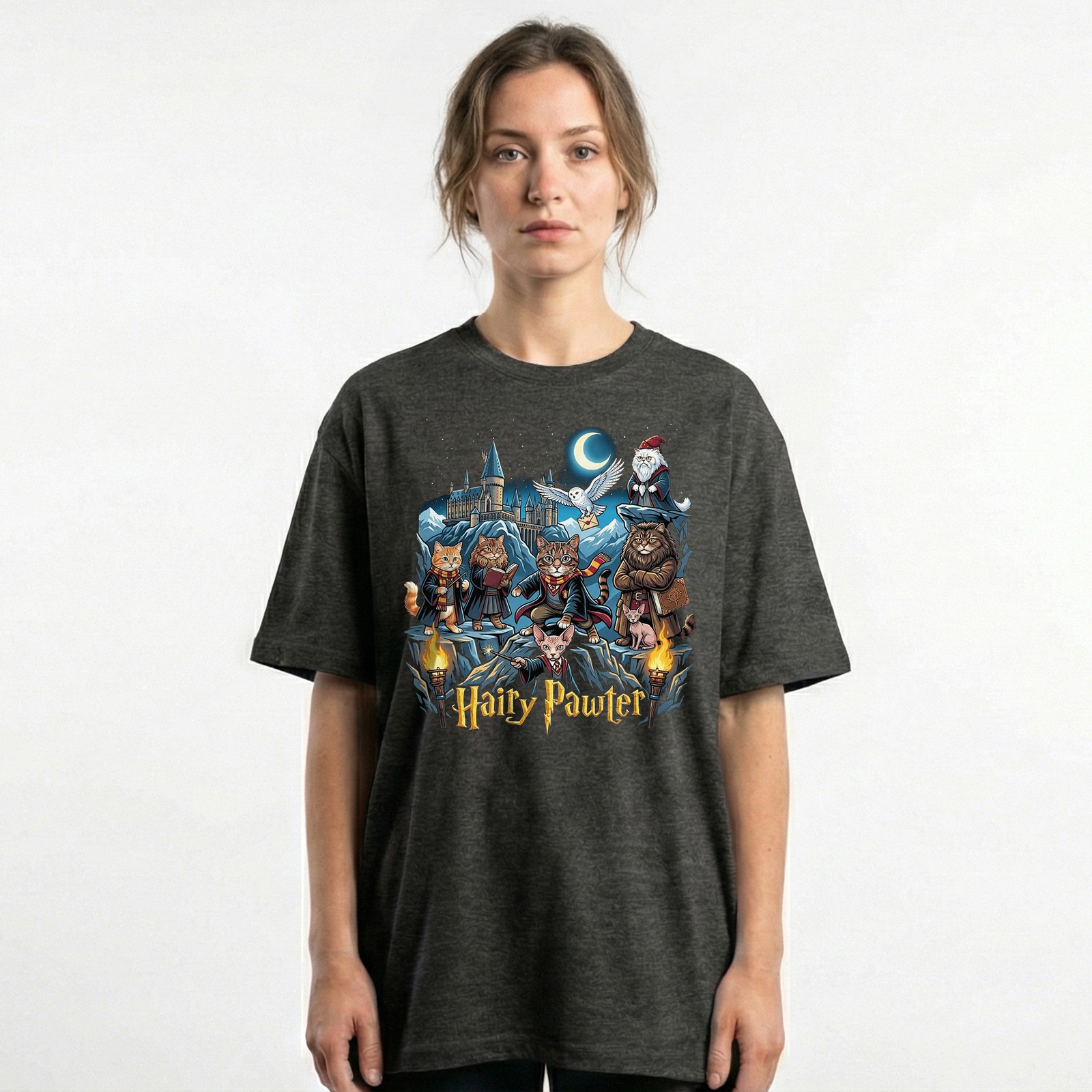 Hairy Pawter Wizard Magic Cat t-shirt Hogwarts Castle Kitten Owl Fantasy tee