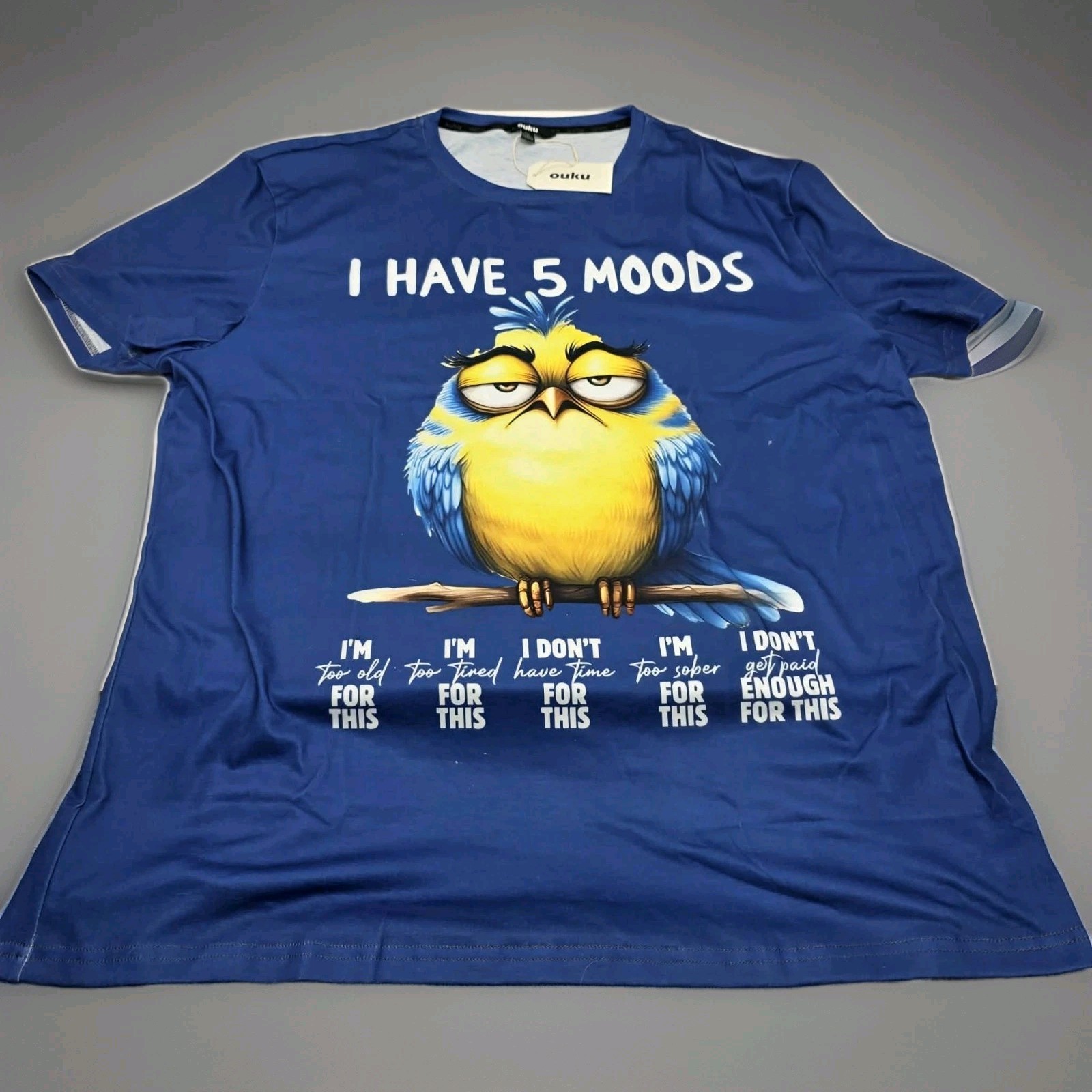 Funny Graphic T-Shirt Blue « I Have 5 Moods » with Owl Figure – Size XXL