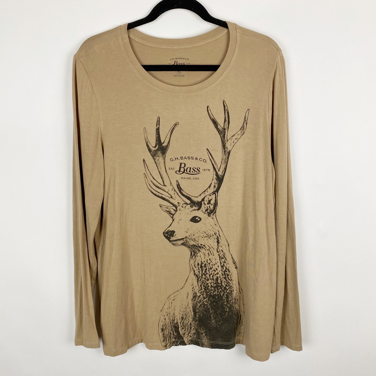 G.H. Bass & Co. Graphic Tee Mens XL Tan Long Sleeve Deer Nature Stretch