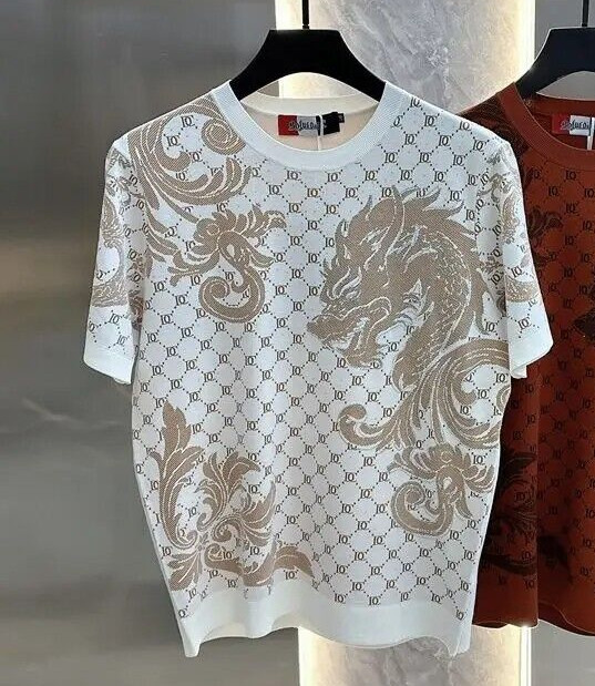 New Men Luxury Dragon Printed Jacquard Fashion White Knit T-Shirt High Quality