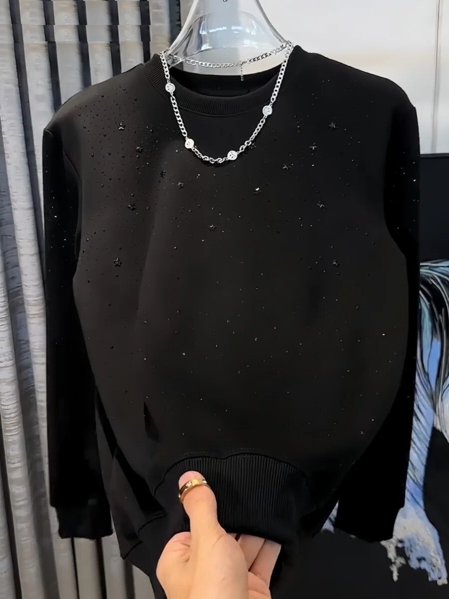 Men Fashion Luxury Trend Star Drills Rhinestone Diamond Black Streetwear T-Shirt