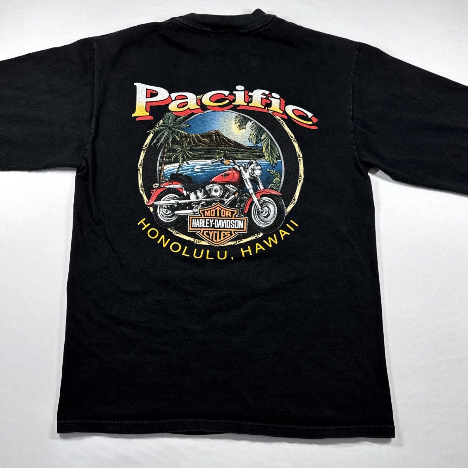 Vintage Harley Davidson 1996 Pacific Honolulu Long Sleeve T-Shirt Eagle Flag M